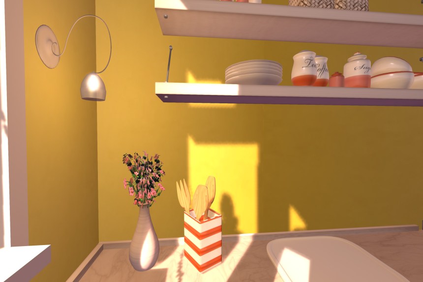 Comes with shelving and a selection of crockery sets. These sets are copiable and separate to help you decorate and manage Land Impact